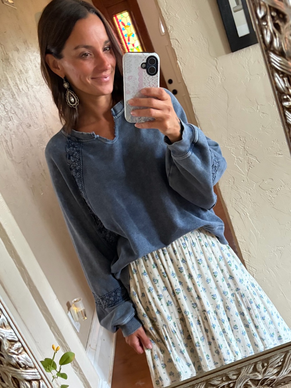 Aerie Acid Washed Blue Sweatshirt with crochet detail.